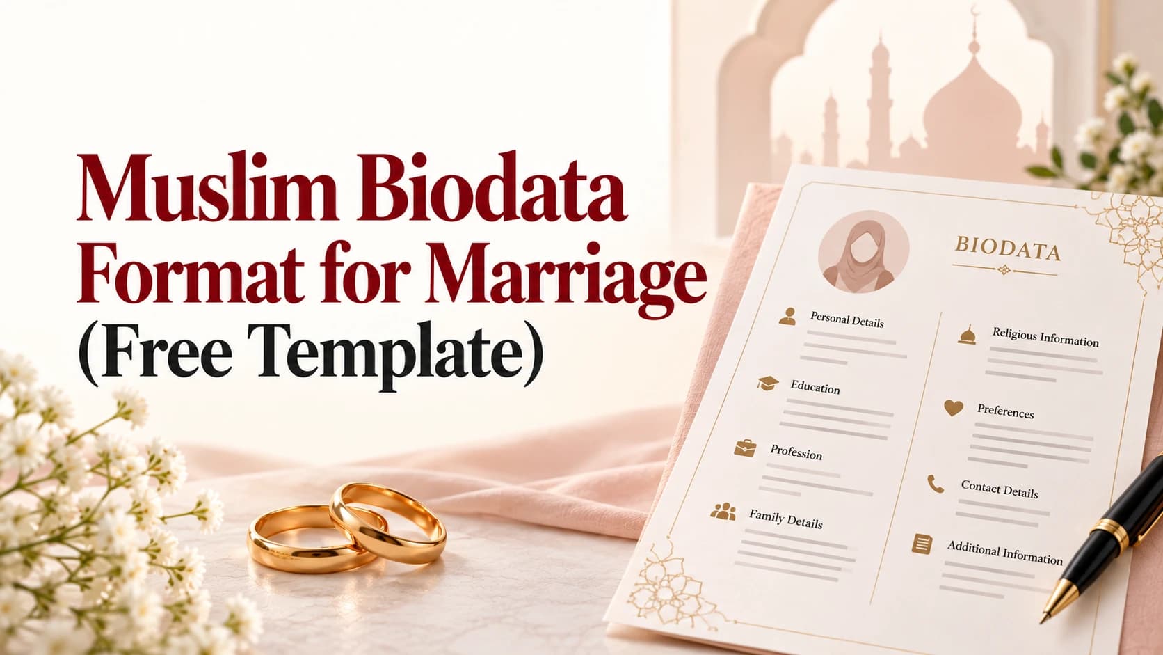 Simple one-page Muslim marriage biodata template on a desk